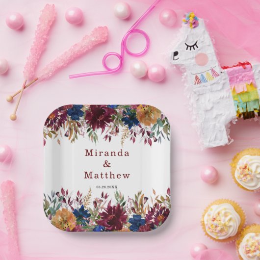 ネイビーマルサラオレンジ秋フローラ幾何学模様 ペーパープレート (パーティー)