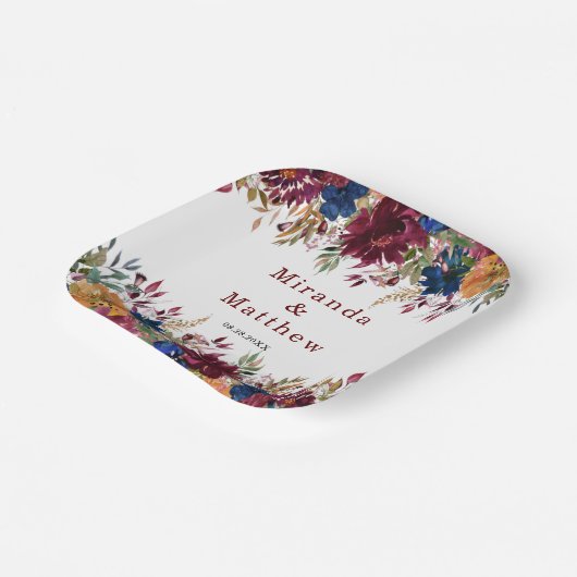 ネイビーマルサラオレンジ秋フローラ幾何学模様 ペーパープレート (傾斜あり)