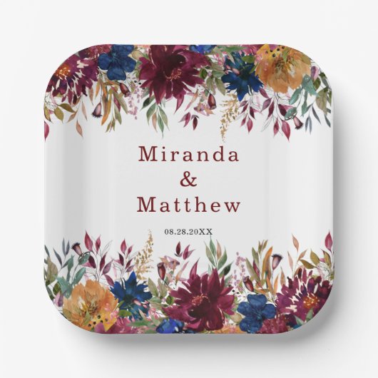 ネイビーマルサラオレンジ秋フローラ幾何学模様 ペーパープレート (正面)