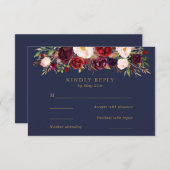 ネイビーマルサラフラワーウェディングRSVPカード 出欠カード (正面/裏面)