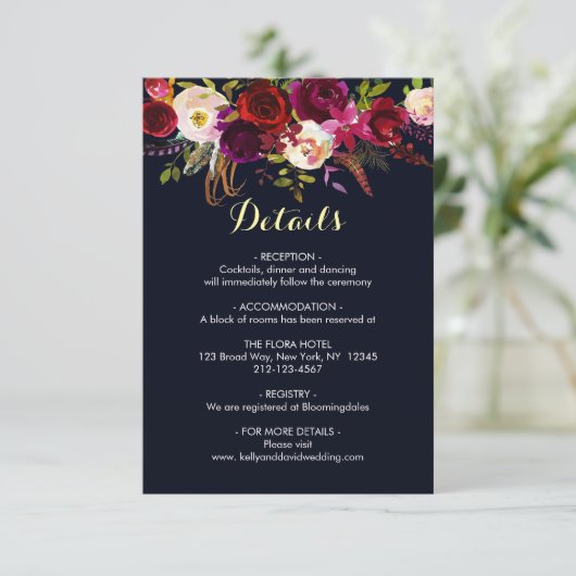 ネイビーマルサラボヘミアンフラワーの結婚式詳細情報 エンクロージャーカード (スタンド正面)