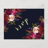 ネイビーマルサラボホフローラ秋の結婚式RSVP インビテーションポストカード (正面)