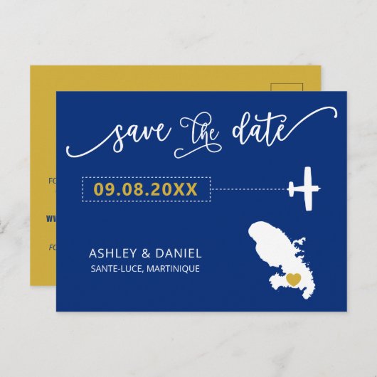 ネイビーマルティニーク結婚式の日付マップを保存 ポストカード (正面/裏面)