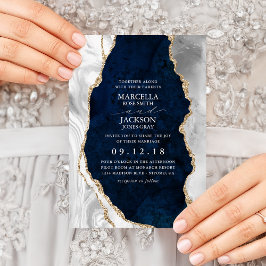 ネイビーマーブルホワイト&金ゴールドアゲート結婚ズ 招待状