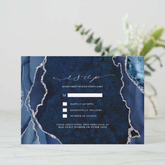 ネイビーマーブル＆シルバーアゲートの結婚式出欠確認カード 招待状 (スタンド正面)