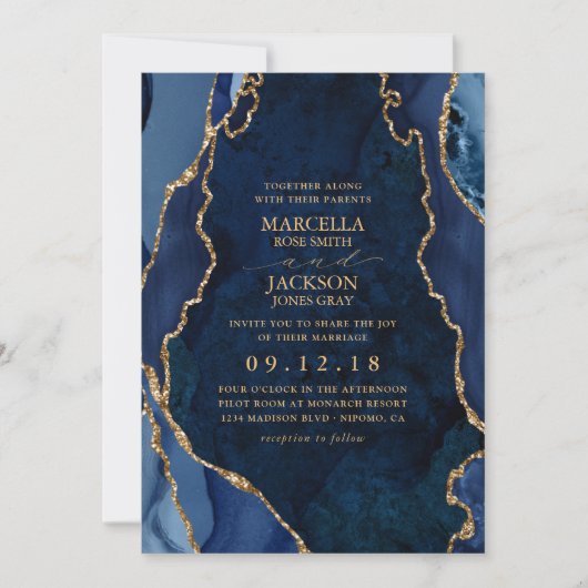 ネイビーマーブル&金ゴールドアゲート結婚式招待状 招待状 (正面)