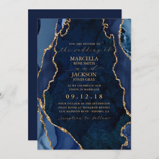 ネイビーマーブル&金ゴールドアゲート結婚式招待状 招待状 (正面/裏面)