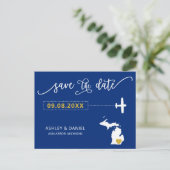 ネイビーミシガンの結婚式の日付マップはがきを保存 ポストカード (スタンド正面)