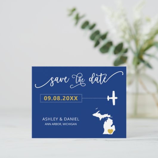 ネイビーミシガンの結婚式の日付マップはがきを保存 ポストカード (スタンド正面)