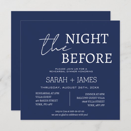 ネイビーミニマリストリハーサル結婚ディナーズスクエア 招待状 (正面/裏面)
