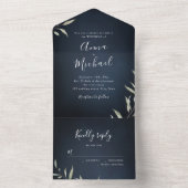 ネイビーミニマルブルーの緑の結婚素朴 オールインワン招待状 (内側)