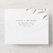 ネイビーミニマルブルーの緑の結婚素朴 オールインワン招待状 (裏面)