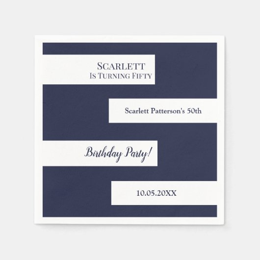 ネイビーミニマルブルーホワイトエレガントシック50th誕生日 スタンダードカクテルナプキン (正面)