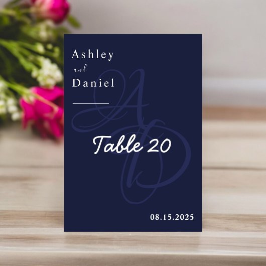 ネイビーミニマルブルーホワイトモノグラムエレガントな結婚式 テーブルナンバー