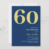 ネイビーミニマルブルー金ゴールドタイポグラフィ誕生日 招待状 (正面)