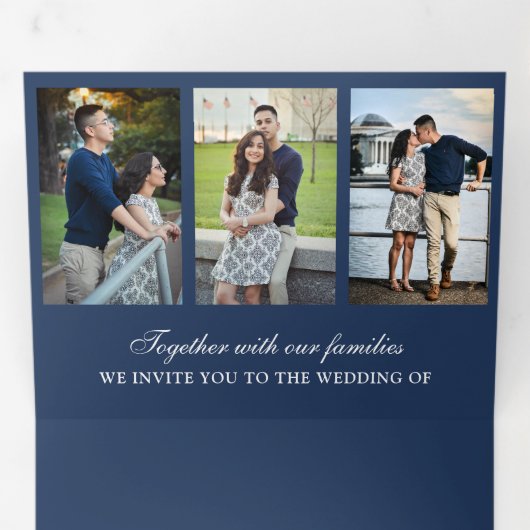 ネイビーミニマルブルー3インチ1フォトコラージュ結婚ズ 三つ折り招待状 (内部最初)