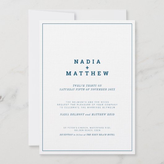 ネイビーミニマルホワイト垂直文字結婚ズ 招待状 (正面)