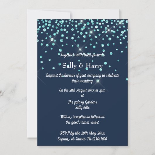 ネイビーミントダイヤ結婚ズアクアグリーン結晶 招待状 (正面)