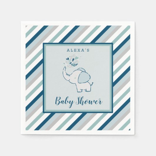 ネイビーミント&グレーエレファント&ストライプベビーシャワー スタンダードカクテルナプキン (正面)