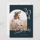 ネイビーモダンアーチミニマル写真卒業パーティー 招待状 (正面)