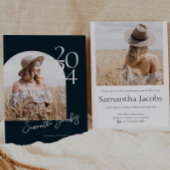 ネイビーモダンアーチミニマル写真卒業パーティー 招待状