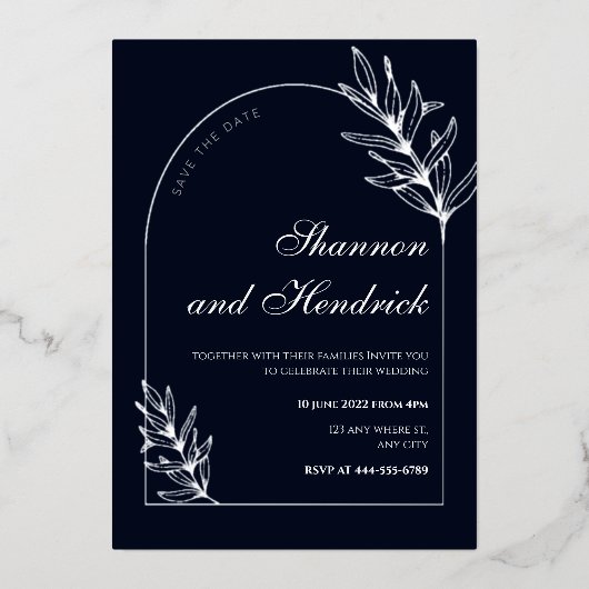 ネイビーモダンアーチラインアートデザイン | シルバー 箔招待状 (正面)