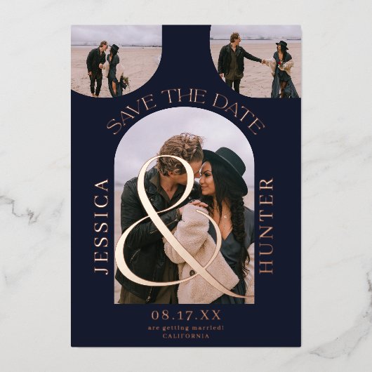 ネイビーモダンアーチ4写真結婚式の日付を保存 箔招待状 (正面)