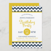 ネイビーモダンイエロー金ゴールドシェブロン誕生日パーティー 招待状 (正面/裏面)