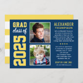 ネイビーモダンイエロー2枚写真卒業パーティー 招待状 (正面/裏面)