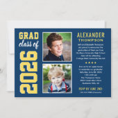 ネイビーモダンイエロー2枚写真卒業パーティー 招待状 (正面)