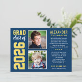 ネイビーモダンイエロー2枚写真卒業パーティー 招待状 (スタンド正面)