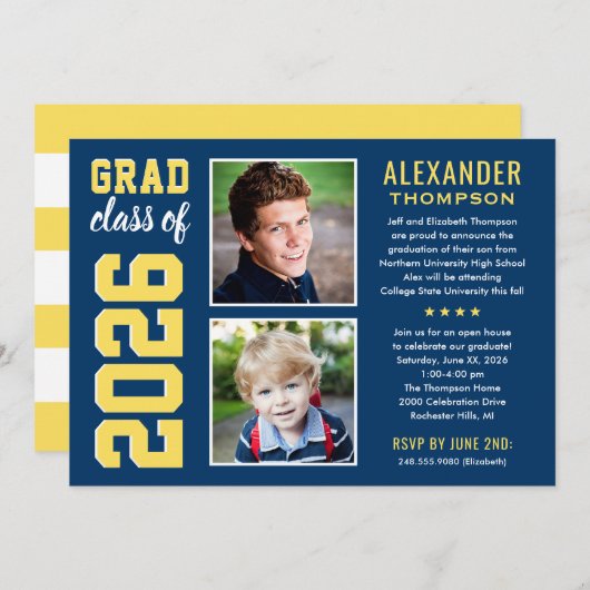 ネイビーモダンイエロー2枚写真卒業パーティー 招待状 (正面/裏面)