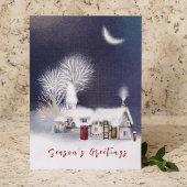 ネイビーモダンウィンタービレッジシーンクリ素朴スマス シーズンカード