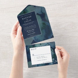 ネイビーモダンエメラルド抽象芸術水彩色 オールインワン招待状