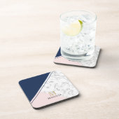 ネイビーモダンエレガントブルー大理石モノグラム コースター (右側)