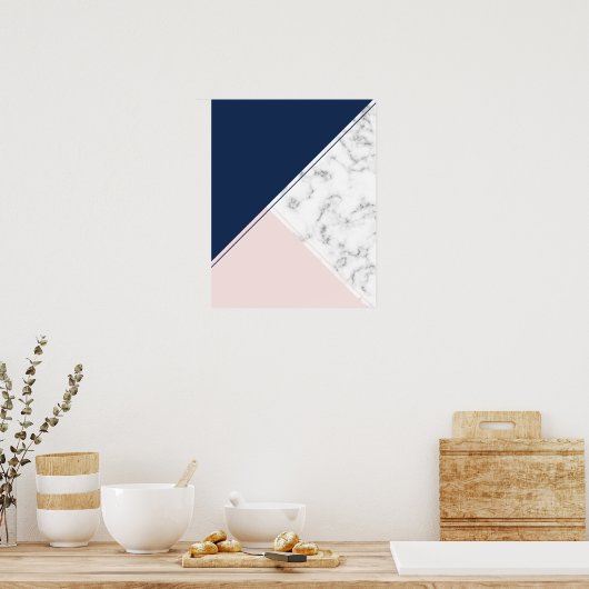 ネイビーモダンエレガントブルー大理石モノグラム ポスター (キッチン)