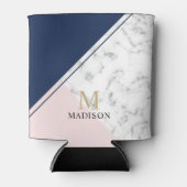 ネイビーモダンエレガントブルー大理石モノグラム 缶クーラー (正面)