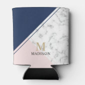 ネイビーモダンエレガントブルー大理石モノグラム 缶クーラー (裏面)