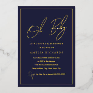 ネイビーモダンオ男の赤ちゃんベビーシャワー 箔招待状