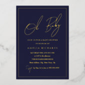 ネイビーモダンオ男の赤ちゃんベビーシャワー 箔招待状 (正面)