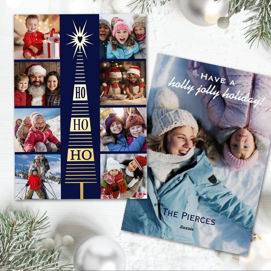 ネイビーモダンクリスマスフォトフォイルホリデーカード 箔シーズンカード