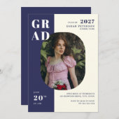 ネイビーモダンクリームはっきりしたタイポグラフィ写真卒業 招待状 (正面/裏面)