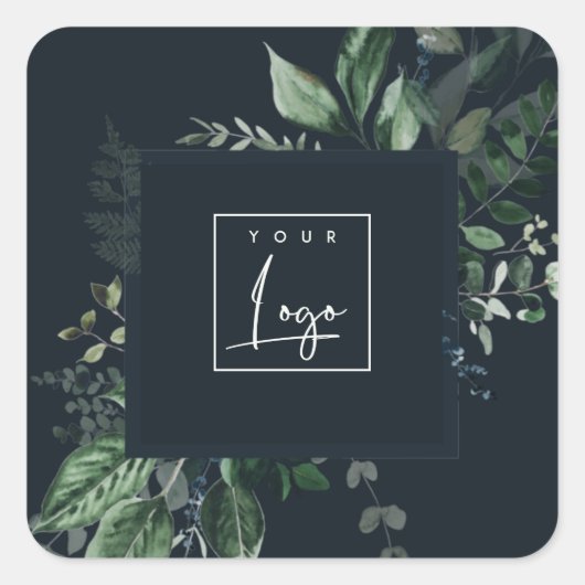 ネイビーモダングリーンの葉のトロピカルフェーンロゴ スクエアシール (正面)