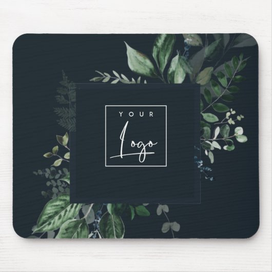 ネイビーモダングリーンの葉のトロピカルフェーンロゴ マウスパッド (正面)