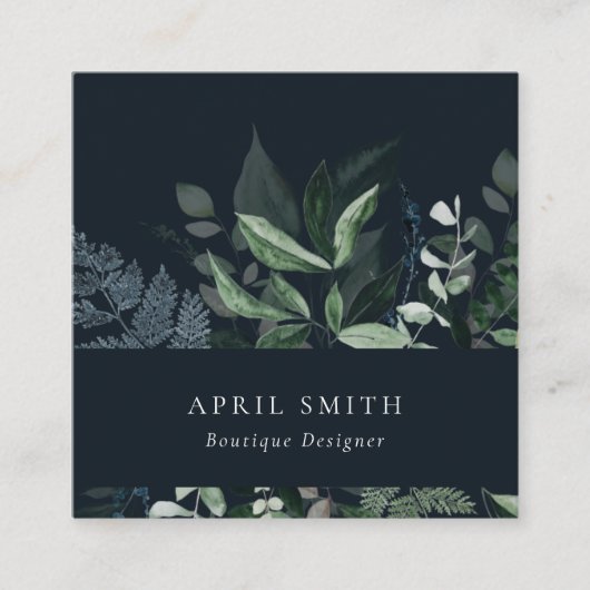 ネイビーモダングリーンの葉の熱帯の葉シダ スクエア名刺 (正面)