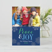 ネイビーモダングリーン平和と喜びスノーフレーク写真 シーズンカード (スタンド正面)