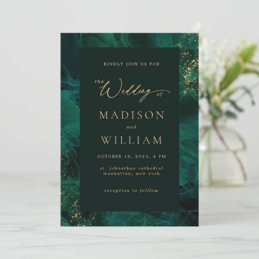 ネイビーモダングリーン&ゴールドフォイルアゲート 招待状 (スタンド正面)