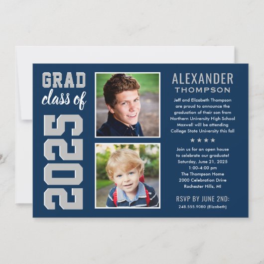 ネイビーモダングレイ2枚写真卒業パーティー 招待状 (正面)