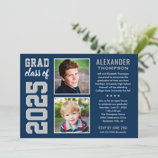 ネイビーモダングレイ2枚写真卒業パーティー 招待状 (スタンド正面)