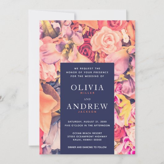 ネイビーモダンコーラルウォーター色のフローラ結婚ズ 招待状 (正面)